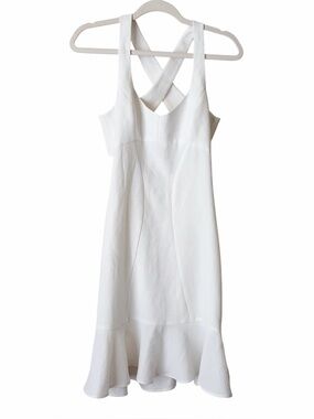 Black Halo | Textured Sheath Dress Criss Cross Back Flounce Hem Ivory Size 4